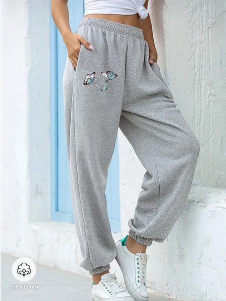 

Casual Loose Butterfly Sweatpants & Joggers, Gray, Pants