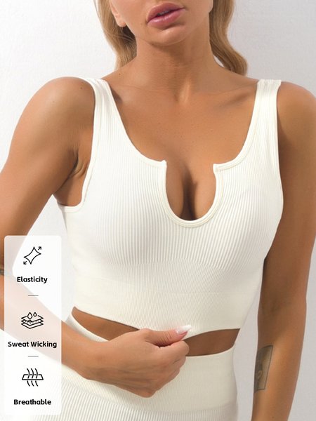 

Simple Plain Notched Sports Bra, White, Bra & Bra Sets
