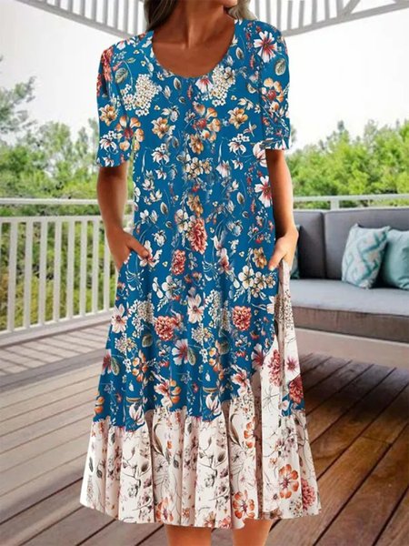 

Floral Crew Neck Casual Dress, Blue, Dresses