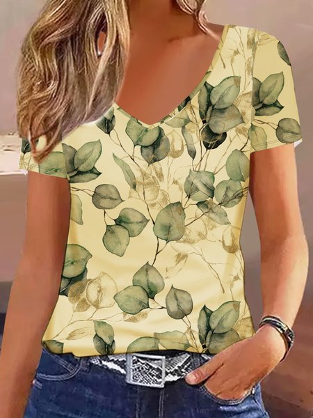 V Neck Casual Plants Printed T Shirt