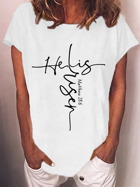 

Women’s He Is Risen Shirt Christian Text Letters Casual Crew Neck Cotton-Blend T-Shirt, White, T-shirts