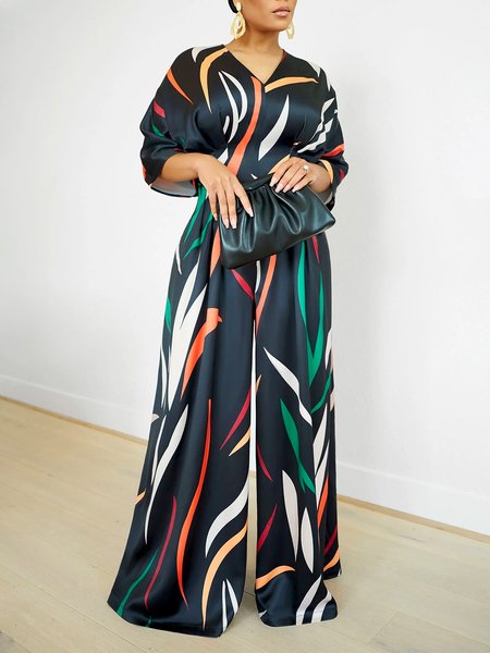 

Regular Fit Abstract V Neck Urban Jumpsuit, Black, Jumpsuits