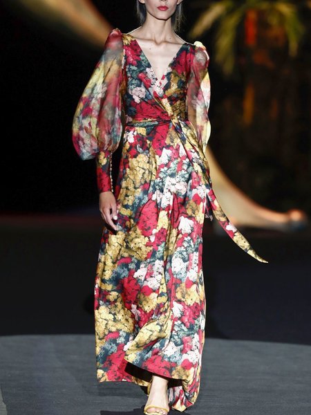 

Loose Vacation V Neck Floral Dress, As picture, Maxi Dresses