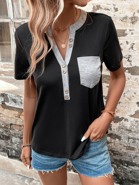 

V Neck Casual Regular Fit Plain Shirt, Black, Shirts & Blouses