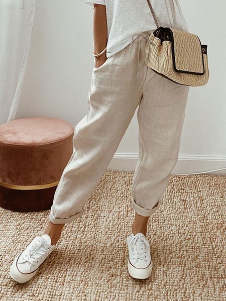 

Plus Size Cotton Lace-Up Loose Casual Pants, Khaki, Pants