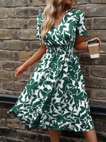 

V Neck Leaf Regular Fit Casual Dress, Green, Dresses