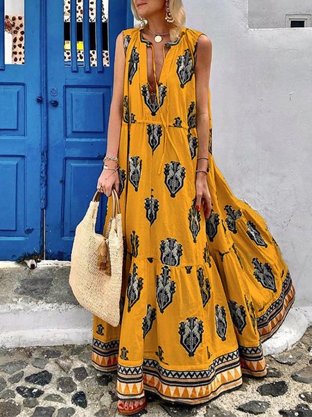 

Ethnic Print V Neck Vacation Loose Dress, Yellow, Maxi Dresses