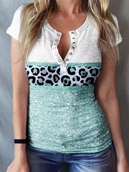 

Womens Leopard Color Block Casual Tops, Green, T-Shirts