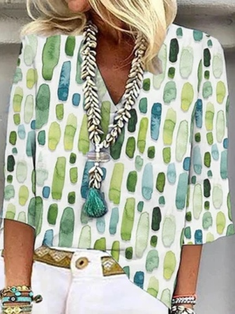 Geometric V Neck Elegant Loose Shirt, Green, Shirts & Blouses