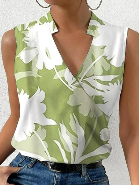 

Floral Casual V Neck Tank Top, Green, Tanks & Camis