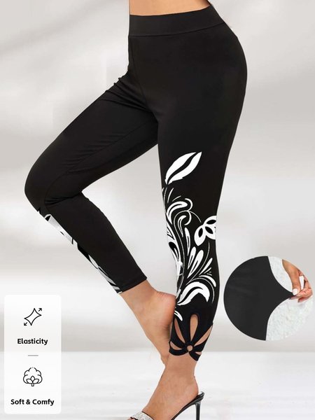 

Floral Tight Casual Knitted Leggings, Black, Leggings