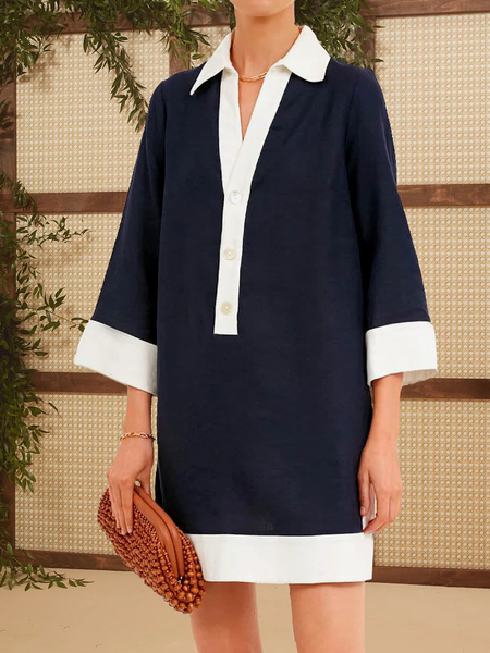 

Loose Color Block Three Quarter Vacation Shirt Collar Dress, Royal blue, Mini Dresses