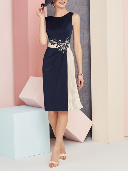 

Party Tight Vintage Plain Satin Dress, Dark blue, Midi Dresses