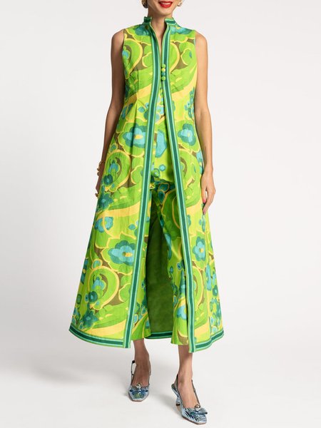 

Loose Floral Stand Collar Vacation Sleeveless Kimono, Green, Others