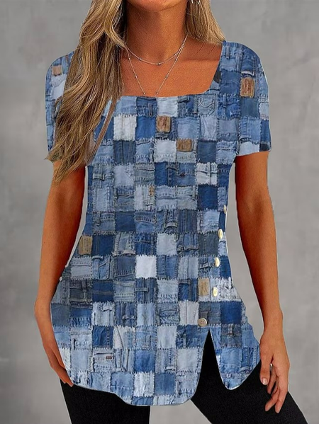 

Casual Geometric Square Neck Shirt, Blue, Shirts & Blouses