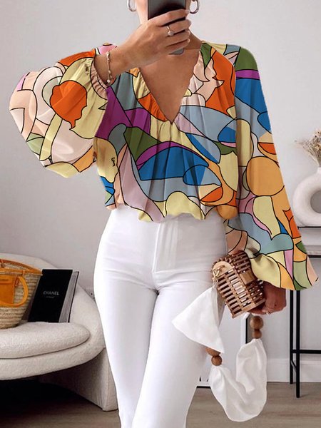 

Long sleeve Chiffon Elegant V Neck Shirt, Yellow, Blouses and Shirts