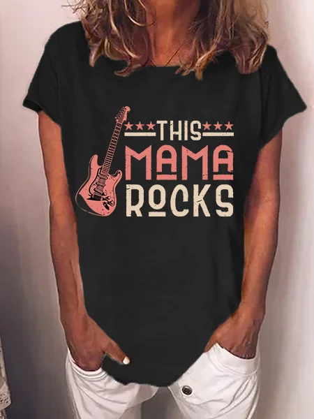 

Women’s This Mama Rocks Text Letters Guitar Casual T-Shirt, Black, T-shirts