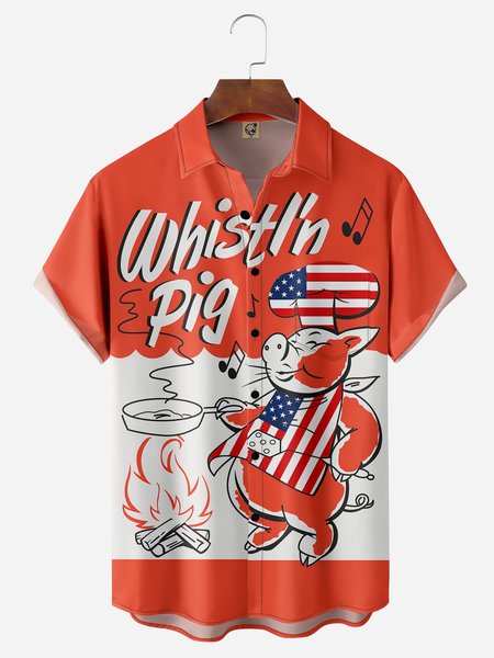 

American Flag Chef Pig Chest Pocket Short Sleeve Casual Shirt, Red, Men Shirts