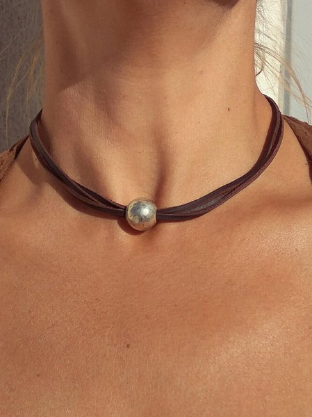 

Casual Silver Metal Beaded Leather Layered Necklace Western Style Vintage Women's Jewelry, As picture, Necklaces