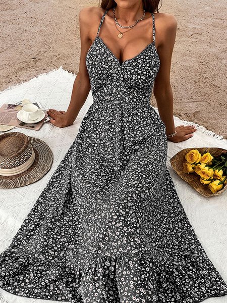 

Ditsy Floral Vacation Spaghetti Dress, Black, Dresses