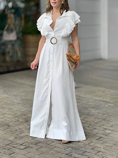 

Plain Urban Regular Fit Shirt Collar Dress, White, Maxi Dresses