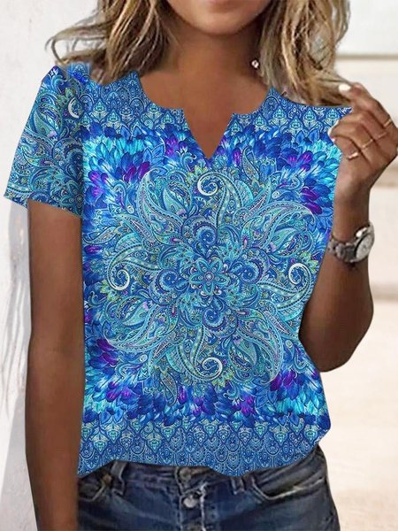 

Mandala Floral Notched Neck T-Shirt, Blue, T-Shirts