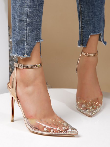 

Trendy Rhinestone Banquet Party Pointed Toe Stiletto Shoes, Metallic, Heels
