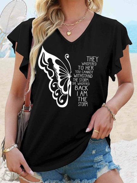 

Women's V Neck Casual Butterfly Saying Print T-Shirt, Black, T-shirts