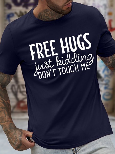 

Men's Free Hugs Just Kidding Don'T Touch Me Funny Graphic Printing Cotton Crew Neck Casual Text Letters T-Shirt, Purplish blue, T-shirts