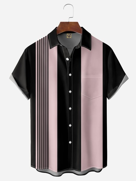 

Geometric Stripe Chest Pocket Short Sleeve Casual Shirt, Black, Men Shirts