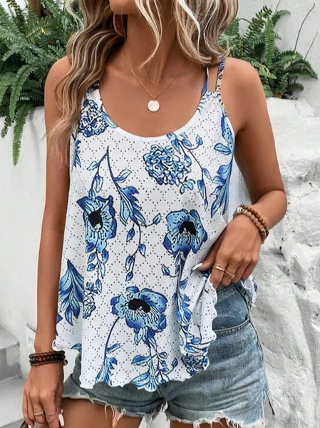 

Floral Spaghetti Knitted Casual Cami, Blue, Tanks & Camis