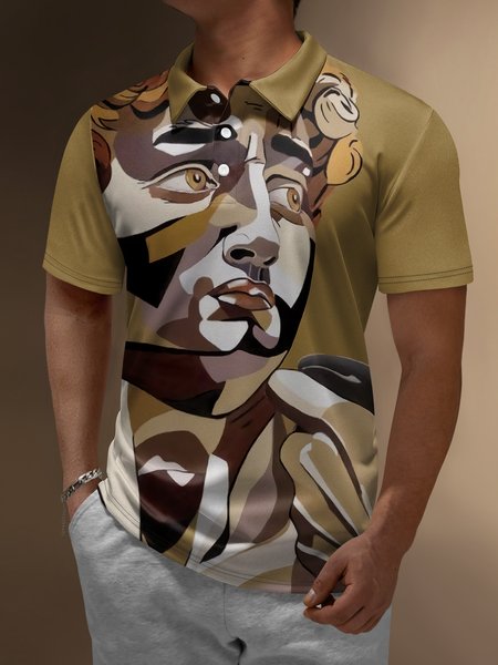 

Figure Geometry Drawing Button Short Sleeve Polo Shirt, Yellow brown, Polo Shirts