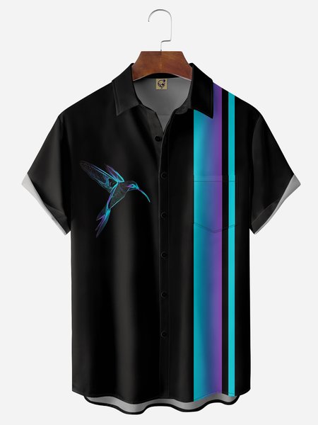 

Hummingbird Chest Pocket Short Sleeve Bowling Shirt, Black, Men Shirts