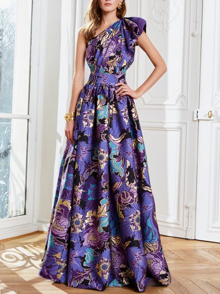 

Party One Shoulder Vintage Satin Regular Dress, Purple, Maxi Dresses