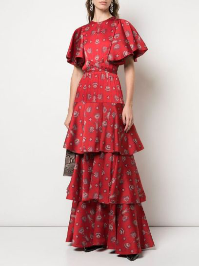 

Wedding Guest Crew Neck Satin Elegant Dress With Belt, Red, Maxi Dresses