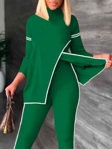 

Casual Regular Fit Long Sleeve Color Block Top, Green, Blouses and Shirts
