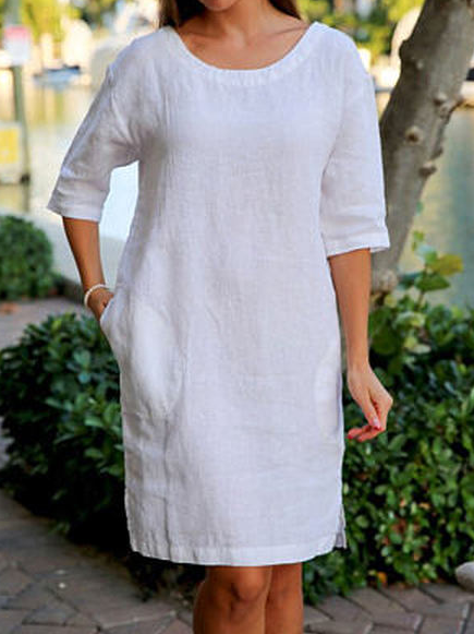 

Plain Loose Linen Cotton-Blend Dress, White, Mini Dresses