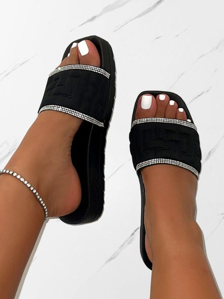 

Rhinestone Decor Wide Strap Slippers, Black, Sandals