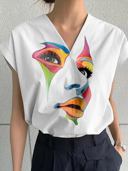 

Lightweight Face Casual Cap sleeve V Neck Shirt, White, Blouses and Shirts