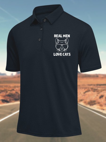 

Men’s Real Men Love Cats Polo Collar Text Letters Polyester Cotton Casual Polo Shirt, Deep blue, T-shirts