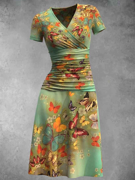 

Cross Neck Regular Fit Butterfly Casual Dress, Green, Dresses