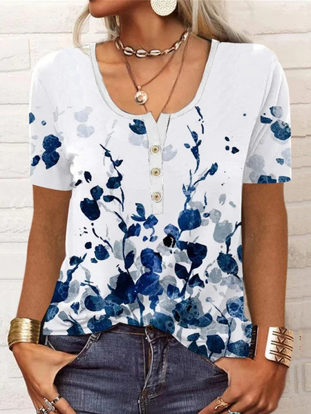

Crew Neck Loose Casual Floral Shirt, White-blue, Shirts & Blouses