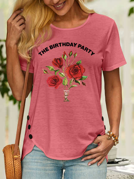

Women’s The Birthday Party Floral Text Letters Crew Neck T-Shirt, Pink, T-shirts
