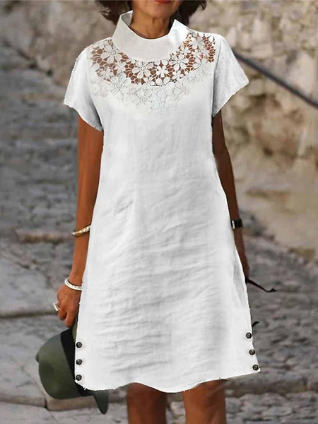 

Women's Casual Dress Cotton Dress Shift Dress Midi Dress Cotton Basic Modern Outdoor Daily Vacation Stand Collar Lace Patchwork Short Sleeve Summer Spring 2023 Loose Fit White Plain, Mini Dresses