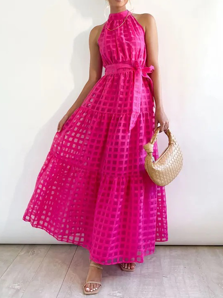 

Regular Fit Plaid Halter Sleeveless Elegant Long Dress, Rose red, Maxi Dresses