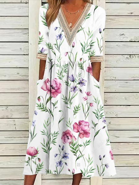 

Casual V Neck Floral Lace Dress, White, Dresses