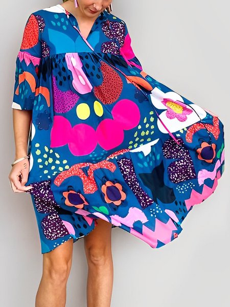 

V Neck Painting Vacation Loose Dress, Multicolor, Mini Dresses