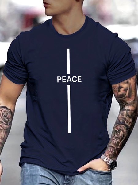 

Men's Peace Funny Graphic Printing Loose Casual Crew Neck Cotton T-Shirt, Purplish blue, T-shirts