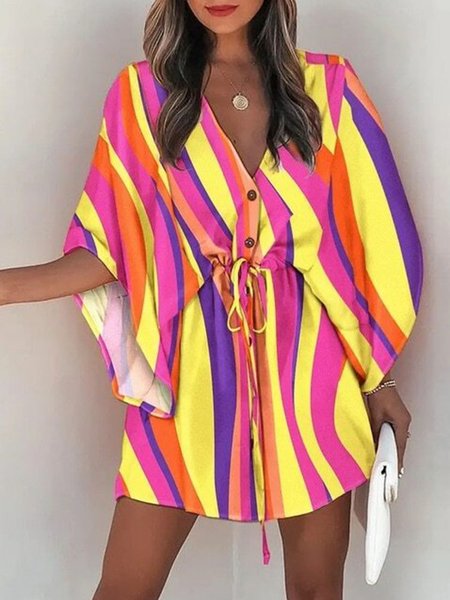 Vacation V Neck Striped Loose Dress, As picture, Mini Dresses