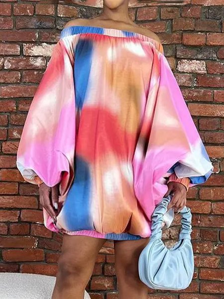 

Ombre Elegant Loose Cold Shoulder Lantern Sleeve Dress, Pink, Mini Dresses